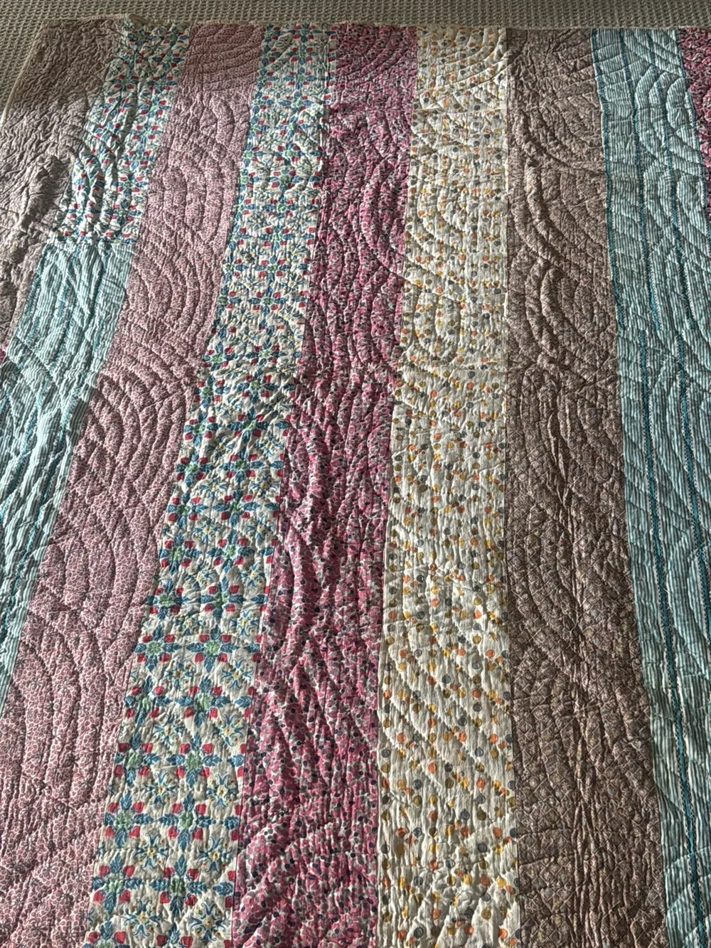 Antique 1940 handmade Striped Patchwork Quilt in Pink, Blue, Cream and Brown